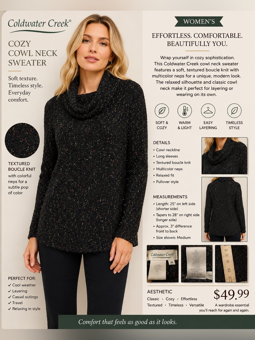 Coldwater Creek Black Flecked Cowl Neck Sweater